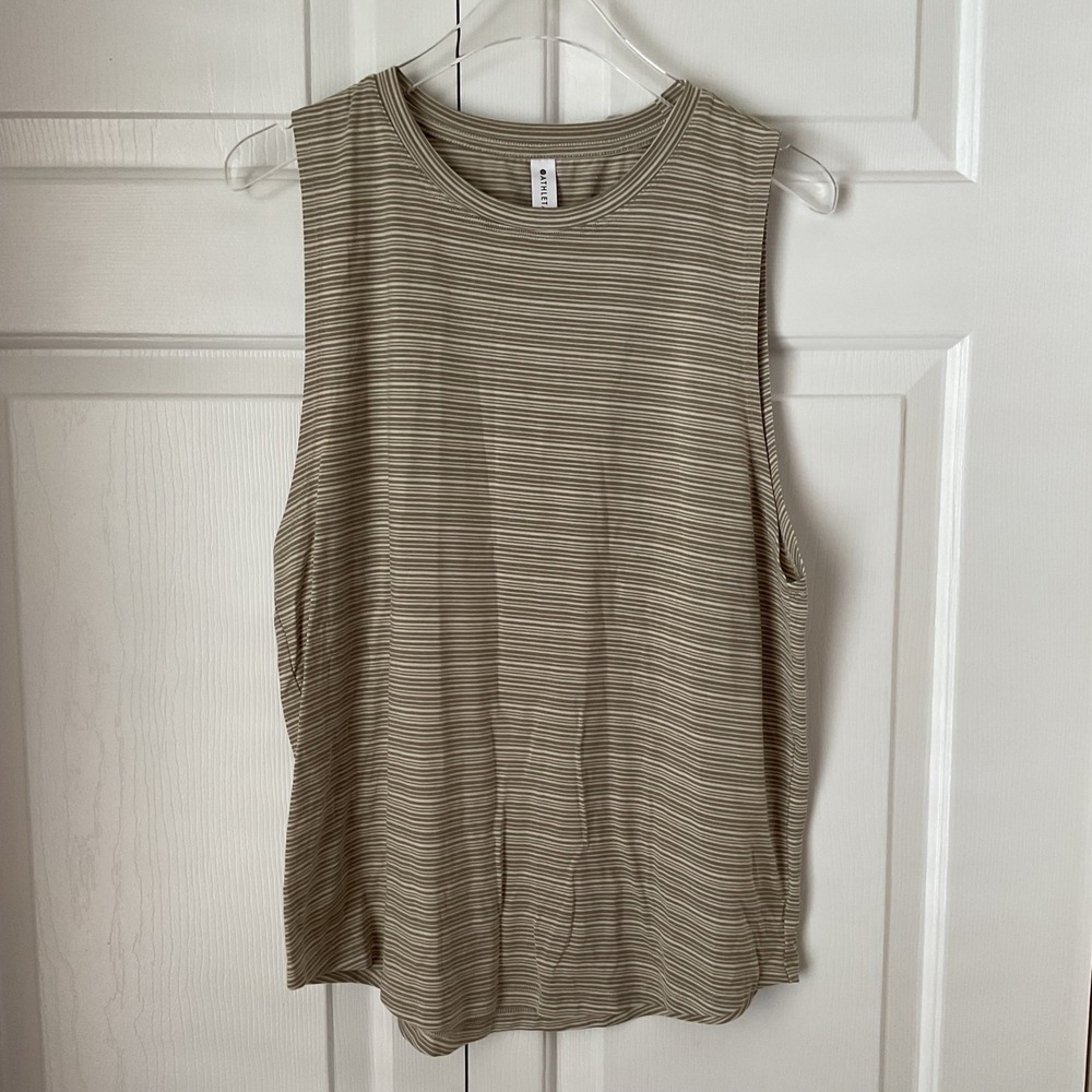 Athleta Cloudlight Striped Muscle Tank Top Womens M Tan White Activewear Workout